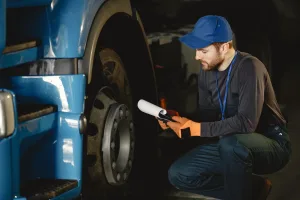 Mobilny serwis TIR Lębork, mechanik sprawdza samochód ciężarowy podczas naprawy